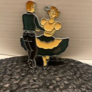 Vintage Stain type glass sun catcher Dancing Couple Green and Yellow
